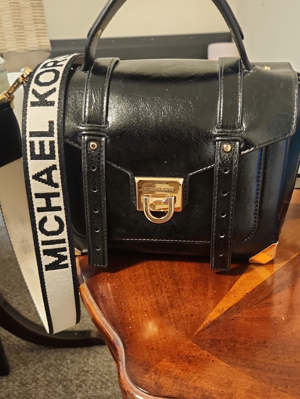 Michael Kors Black Leather Messenger Bag with Branded Strap